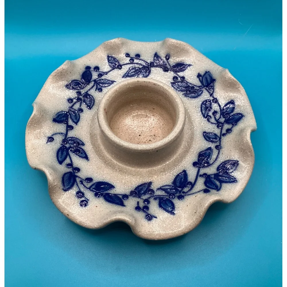 Salmon Falls Stoneware Candle Holder Blue Ruffled Salt Glaze Farmhouse W/O Shade